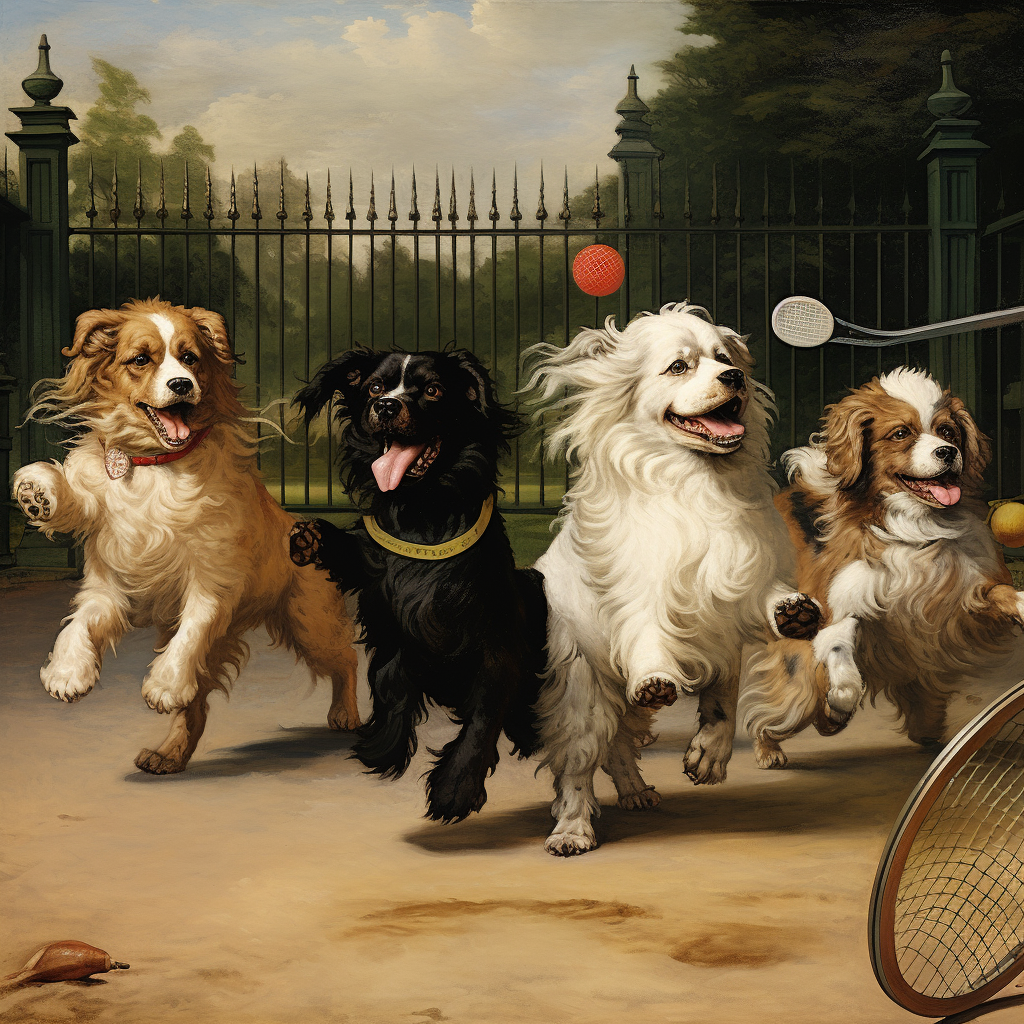 Dogs playing tennis on a court