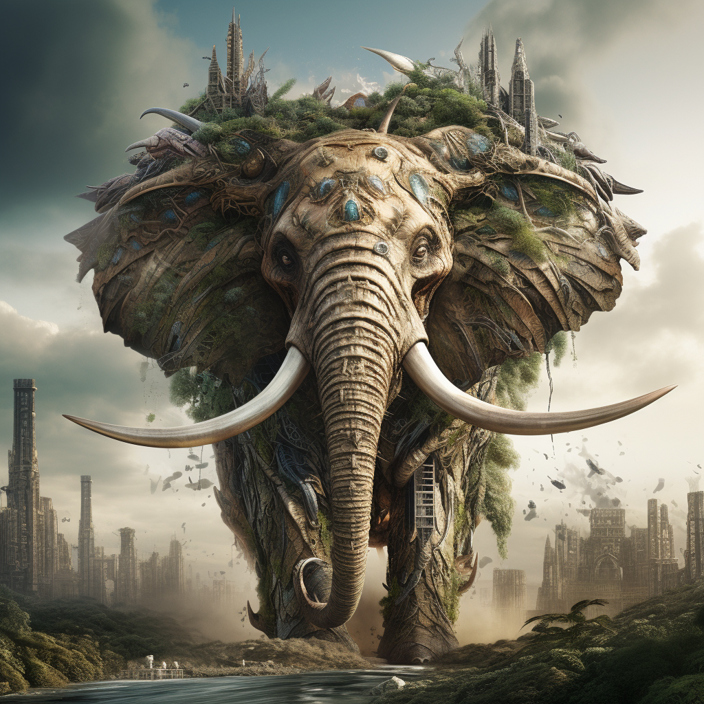 Anthropomorphous elephant destroying city with nature powers