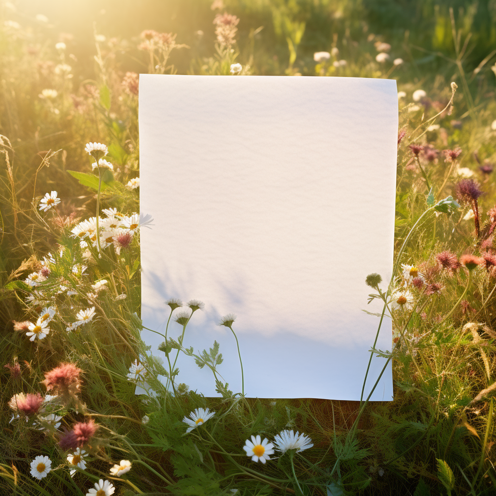 Antique blank paper in field with wildflowers