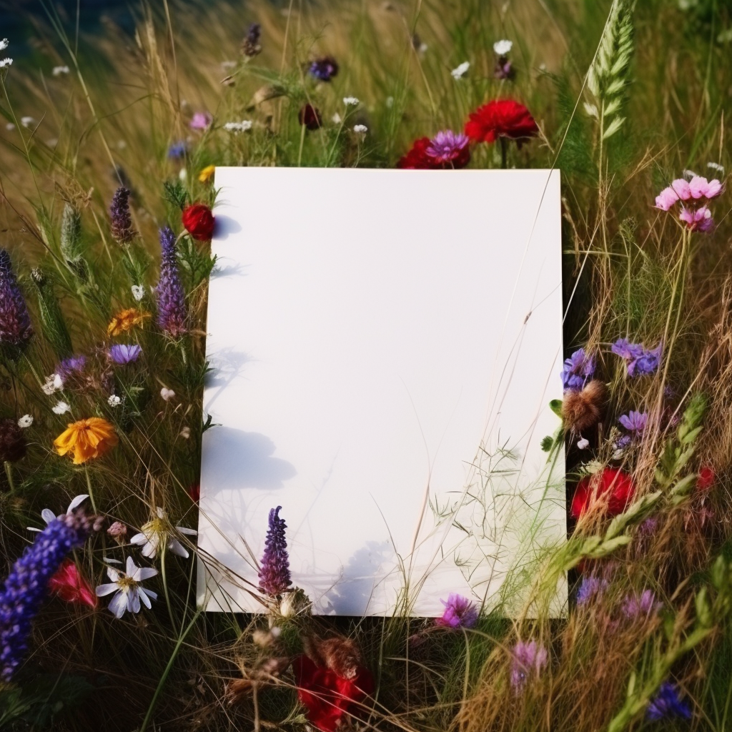 Antique blank paper in field with wildflowers