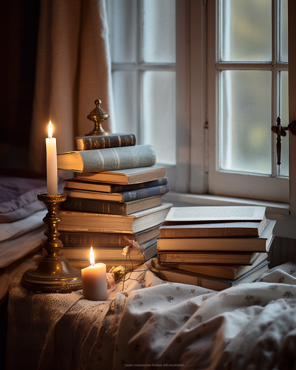 Close Up of Antique Books on Bed