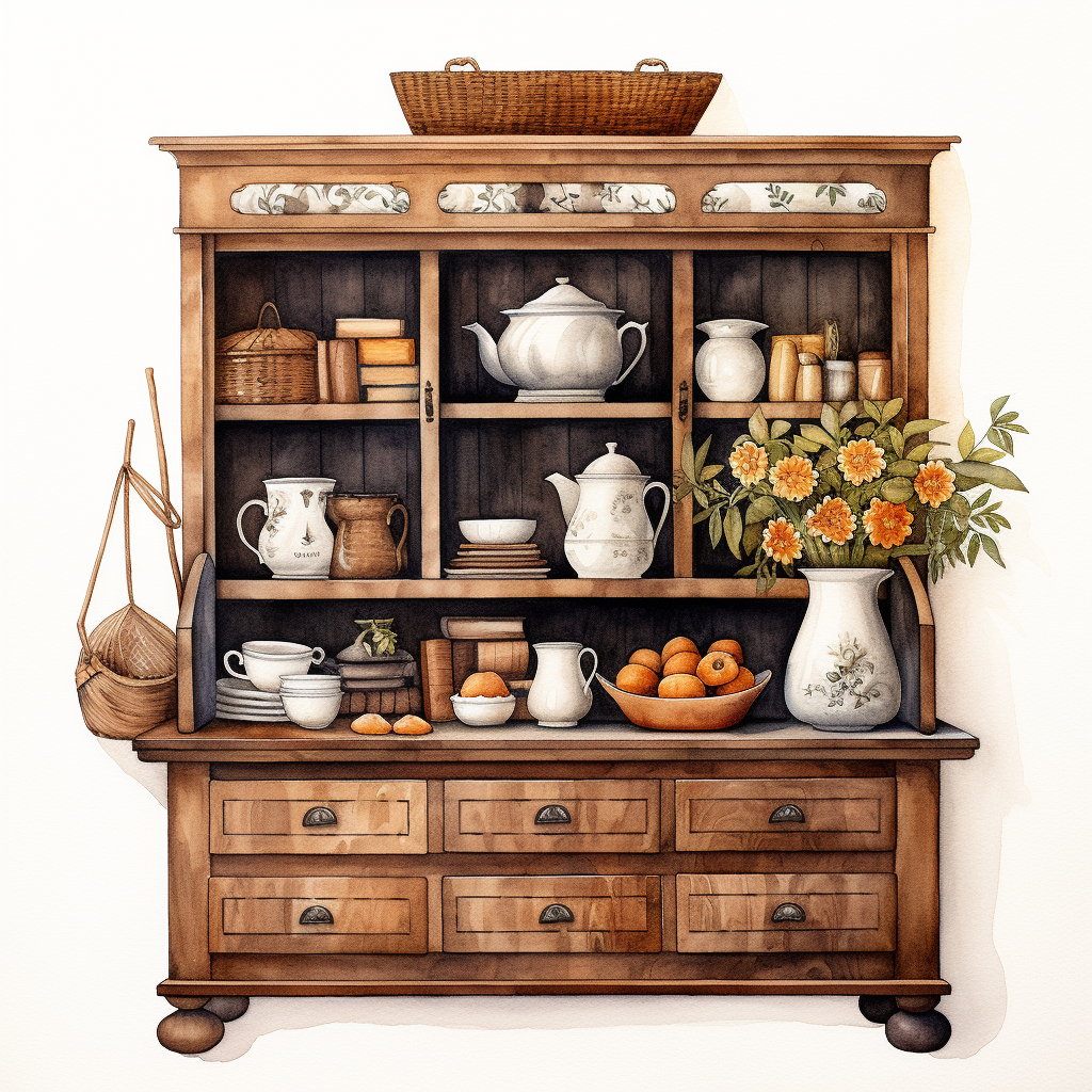 Watercolor depiction of an antique brown hutch