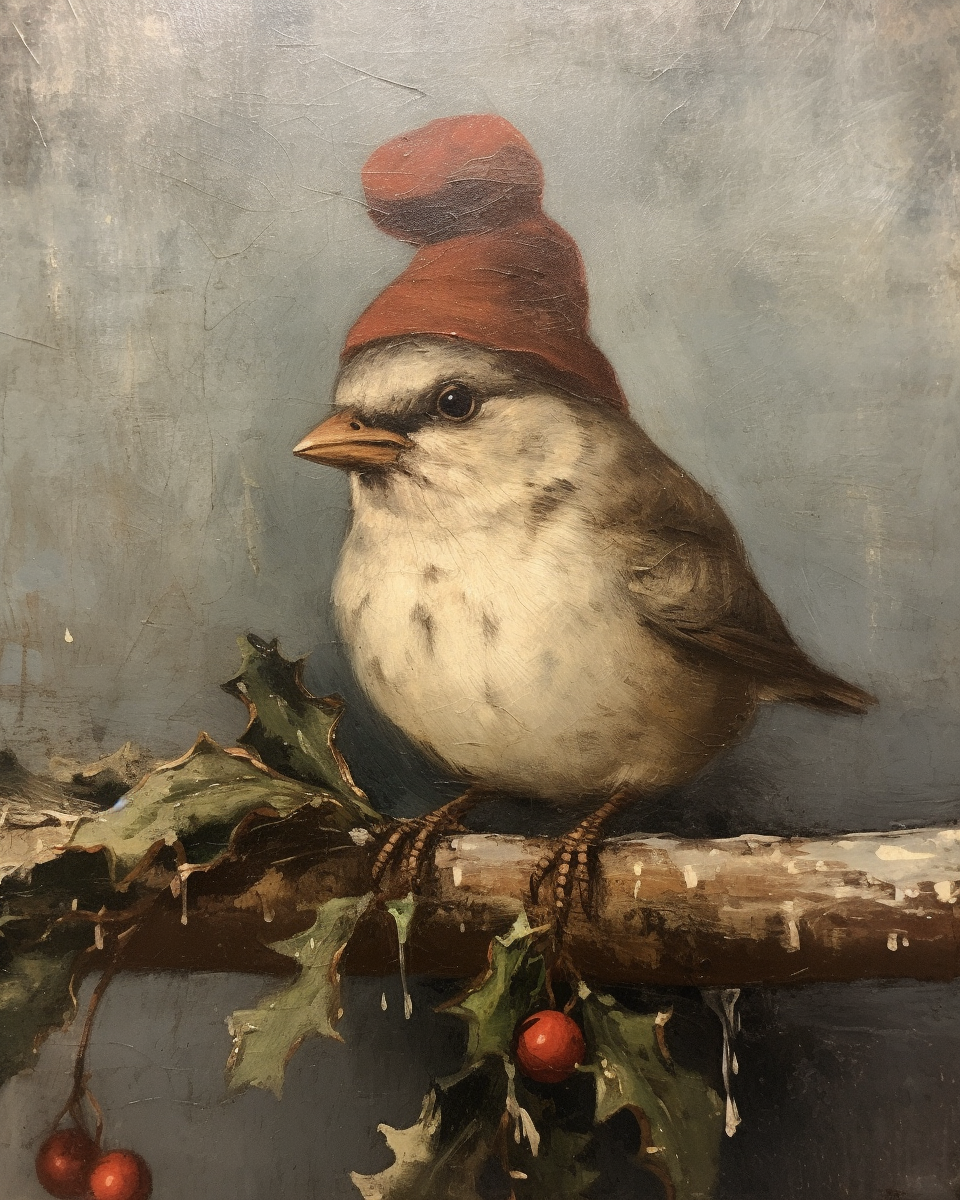 Happy Christmas Sparrow couple wearing Santa hats