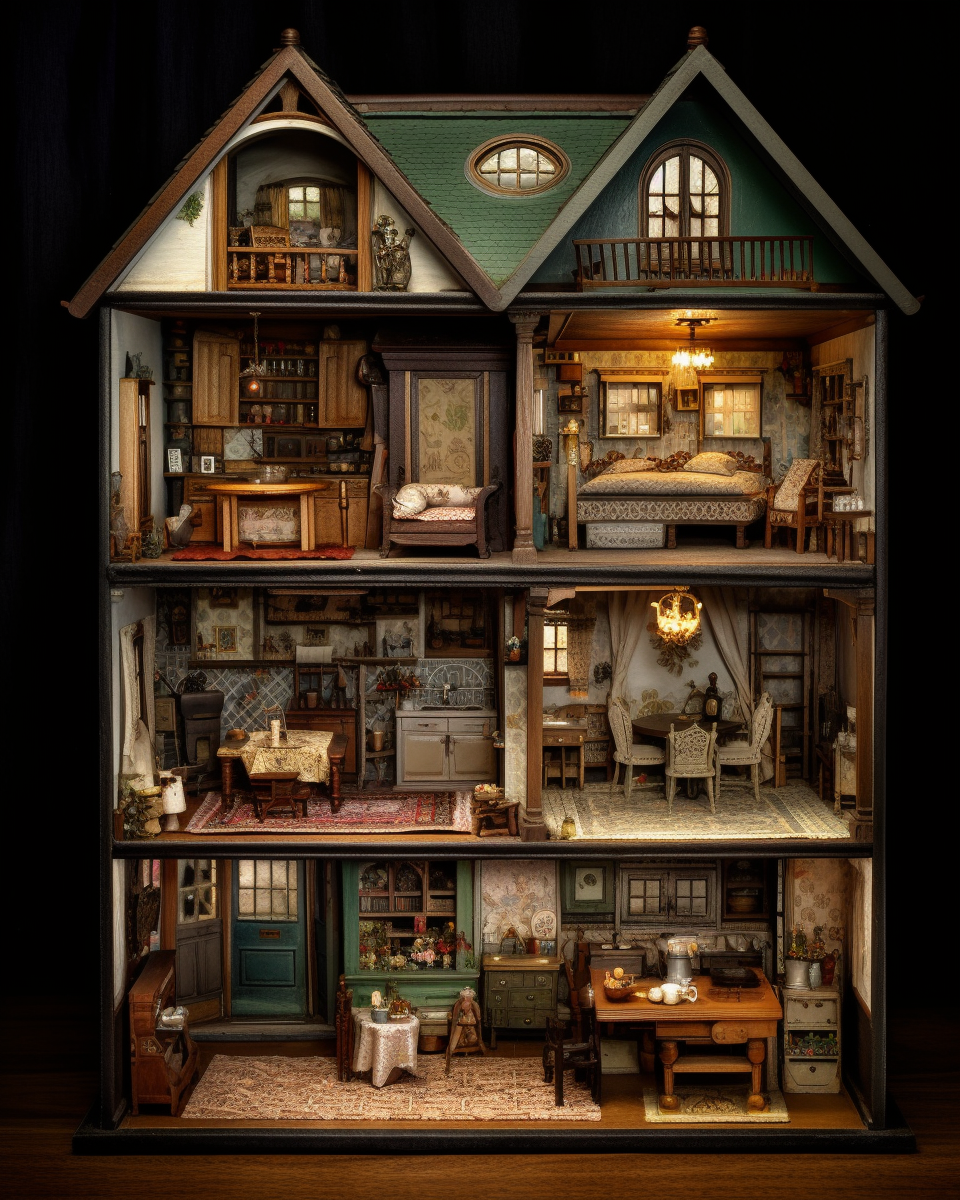 Detailed interior of antique doll house