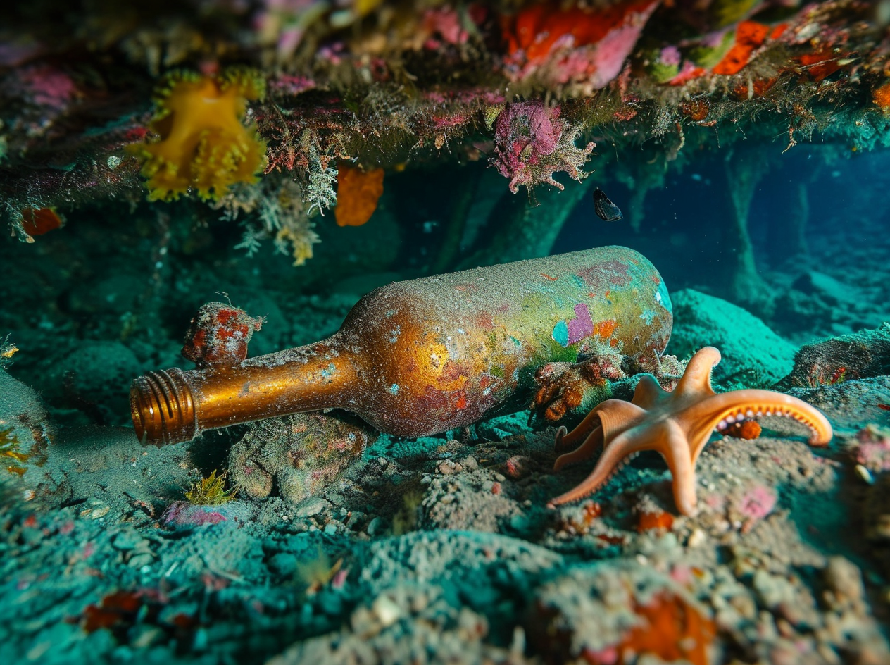 Glass bottle on sea floor with corals