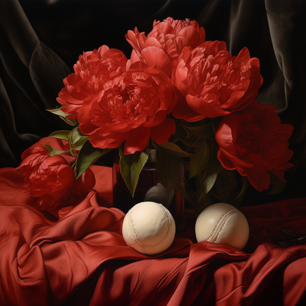 Antique lithograph of red peonies with baseball