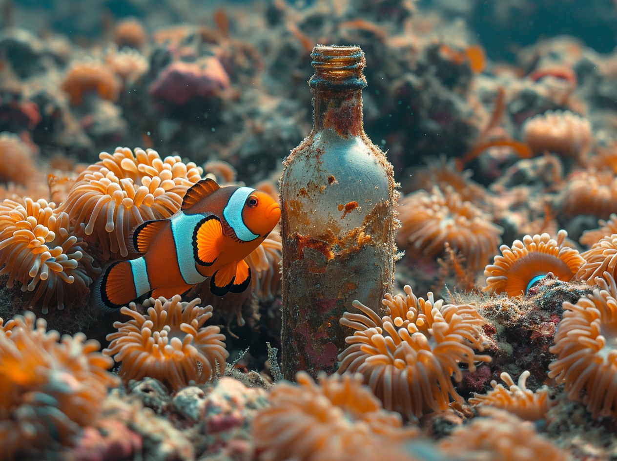 Colorful anemones on sea floor with antique mirror