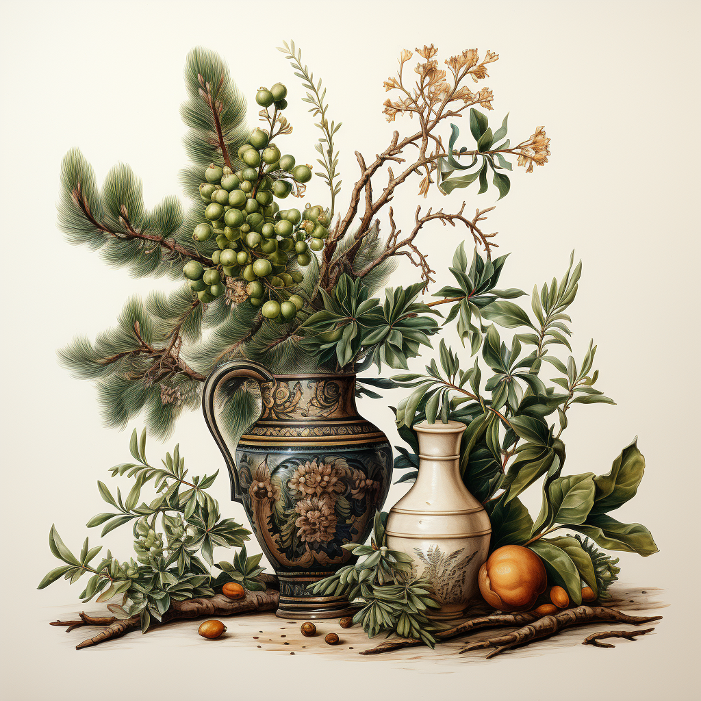 Antique Myrtle Sprig with Fir, Cedar Cone, Pine Buds, Dasiphora