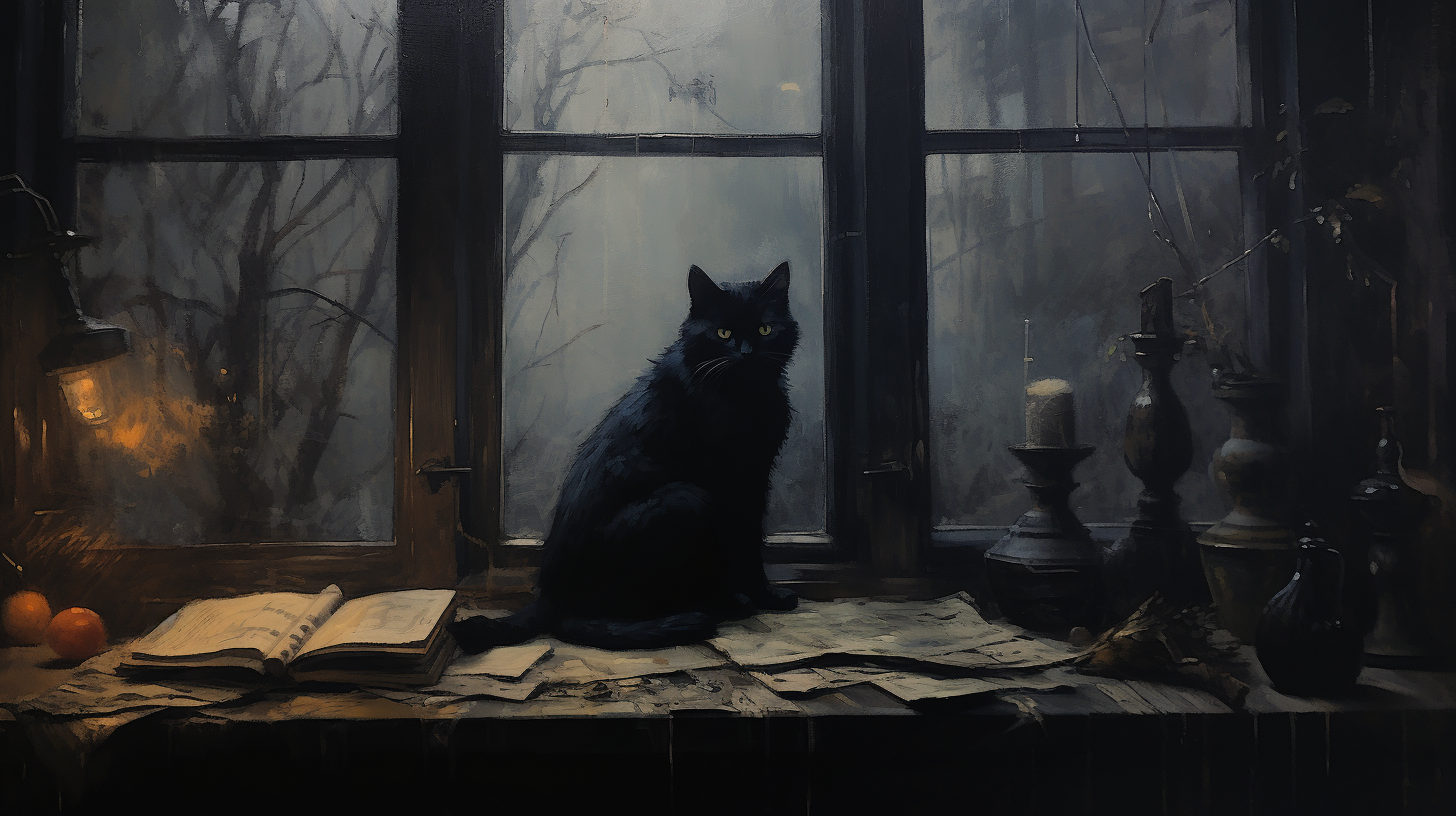 Antique oil painting of a black cat at wizard school