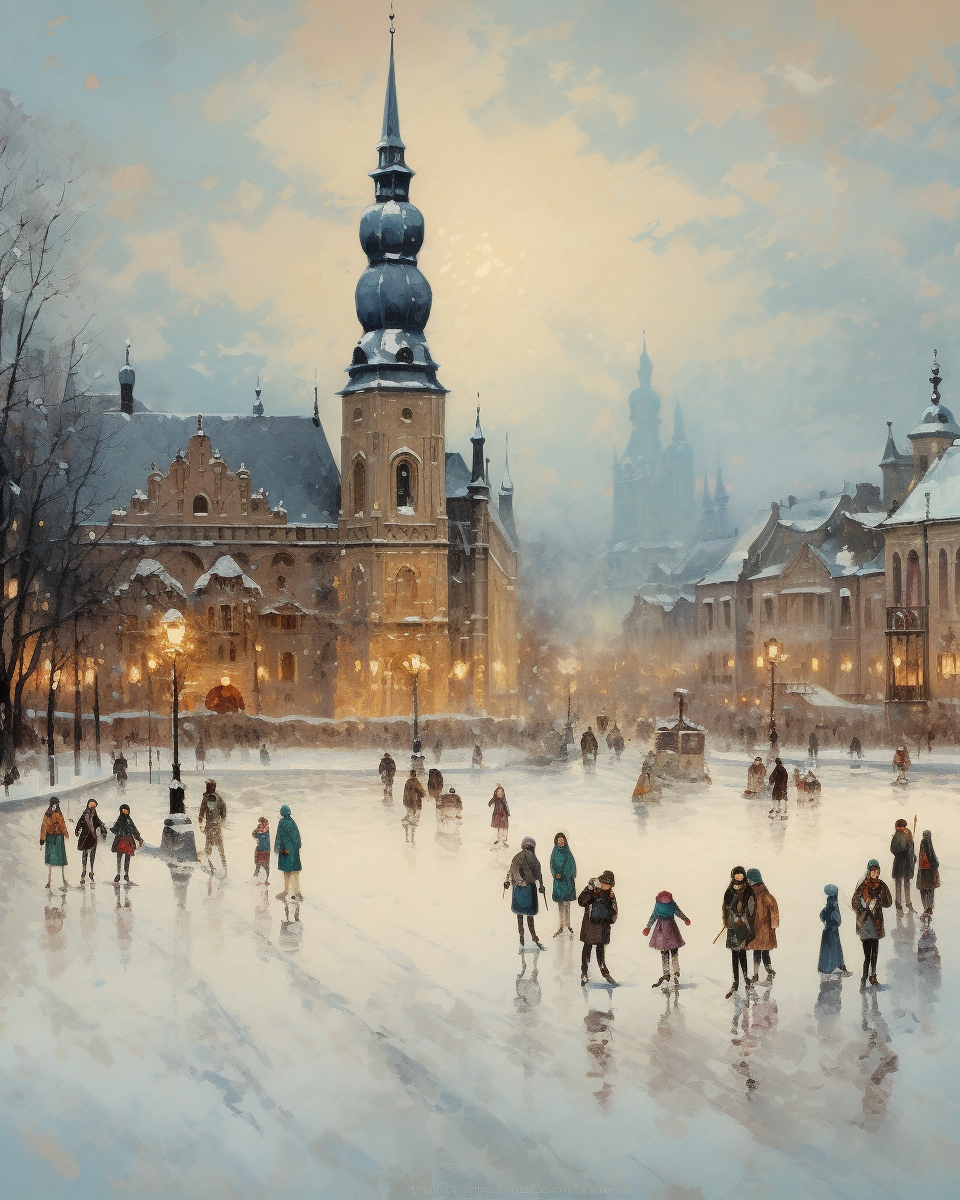 Ice skating in snowy village square