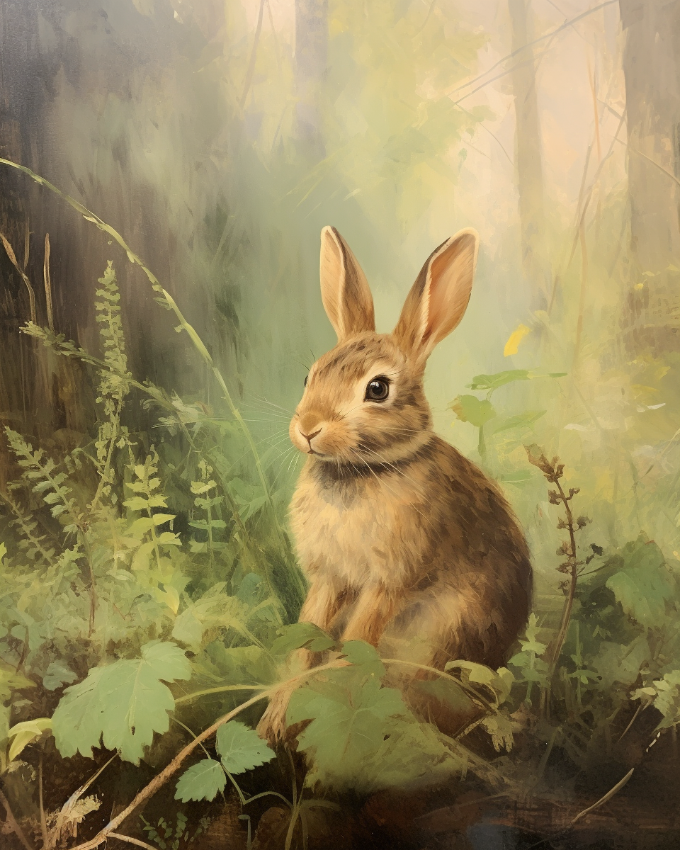 Vintage rabbit oil painting in forest