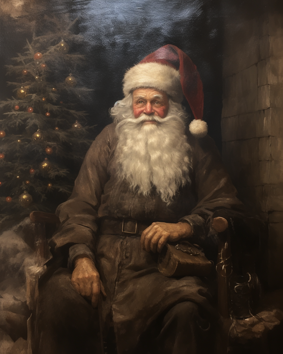 Antique Oil Painting with Santa Claus