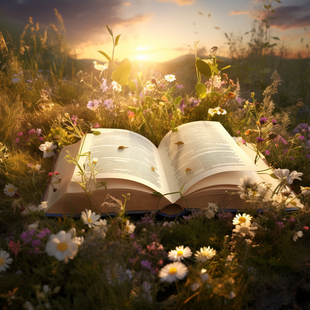 Antique Open Book in Wildflowers