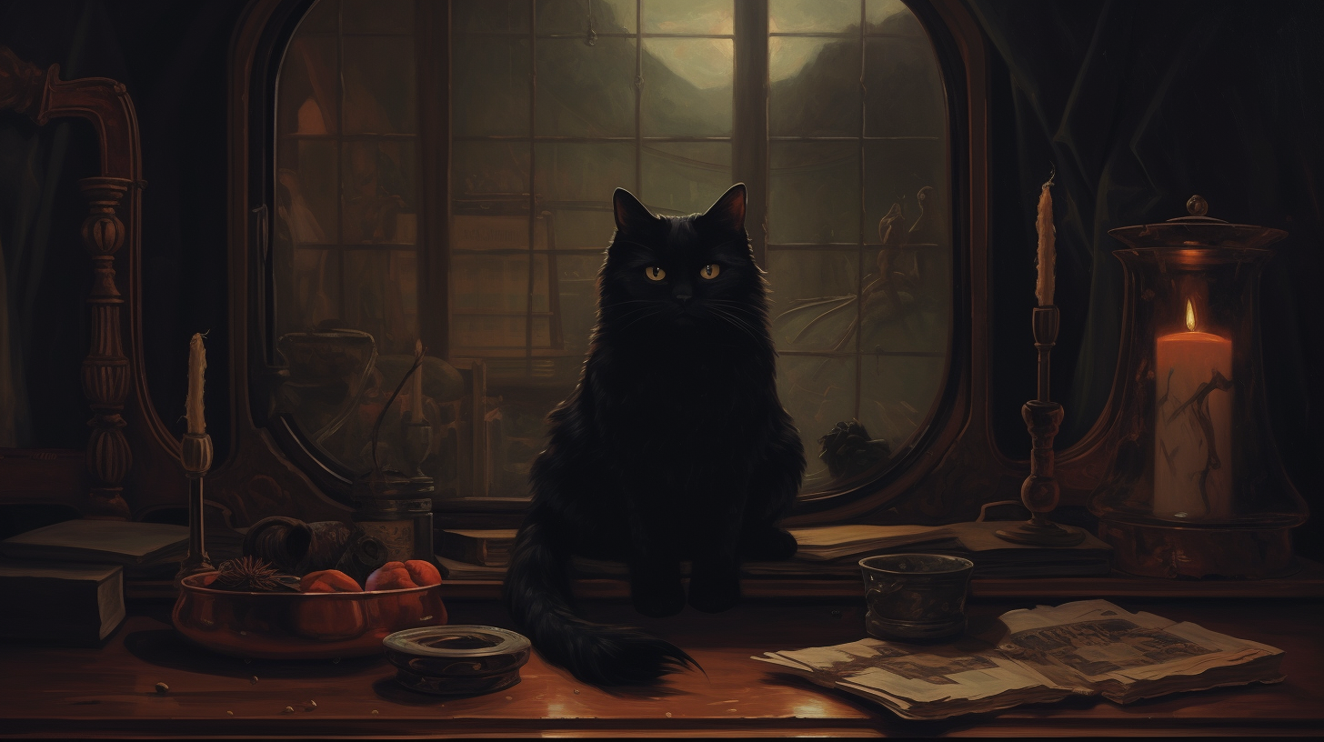 Mystical scene with black cat in antique painting