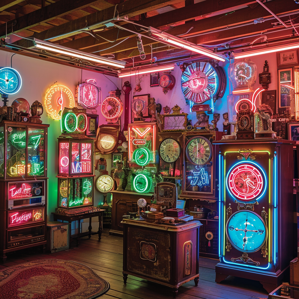 Neon clocks in antique shop