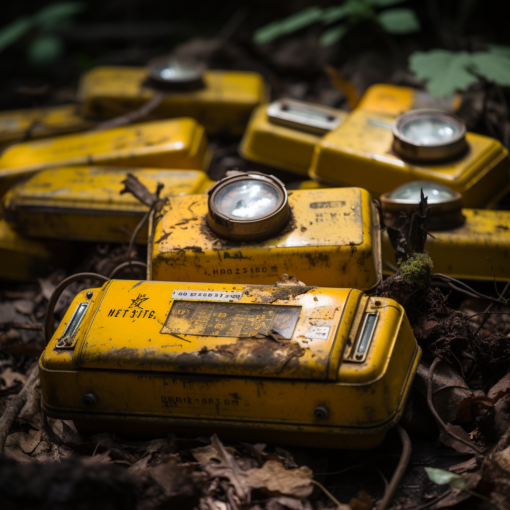 Antique yellow geiger counters resting on old concrete