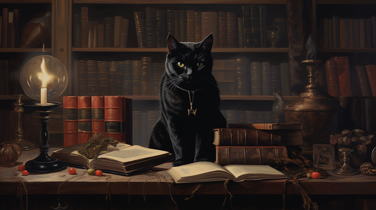 Antique Oil Painting with Black Cat in Wizard School Library