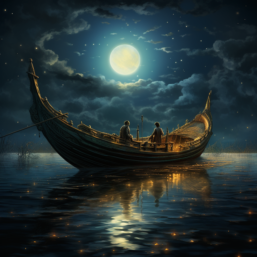 Antiquity period row boat with muse sailing at night