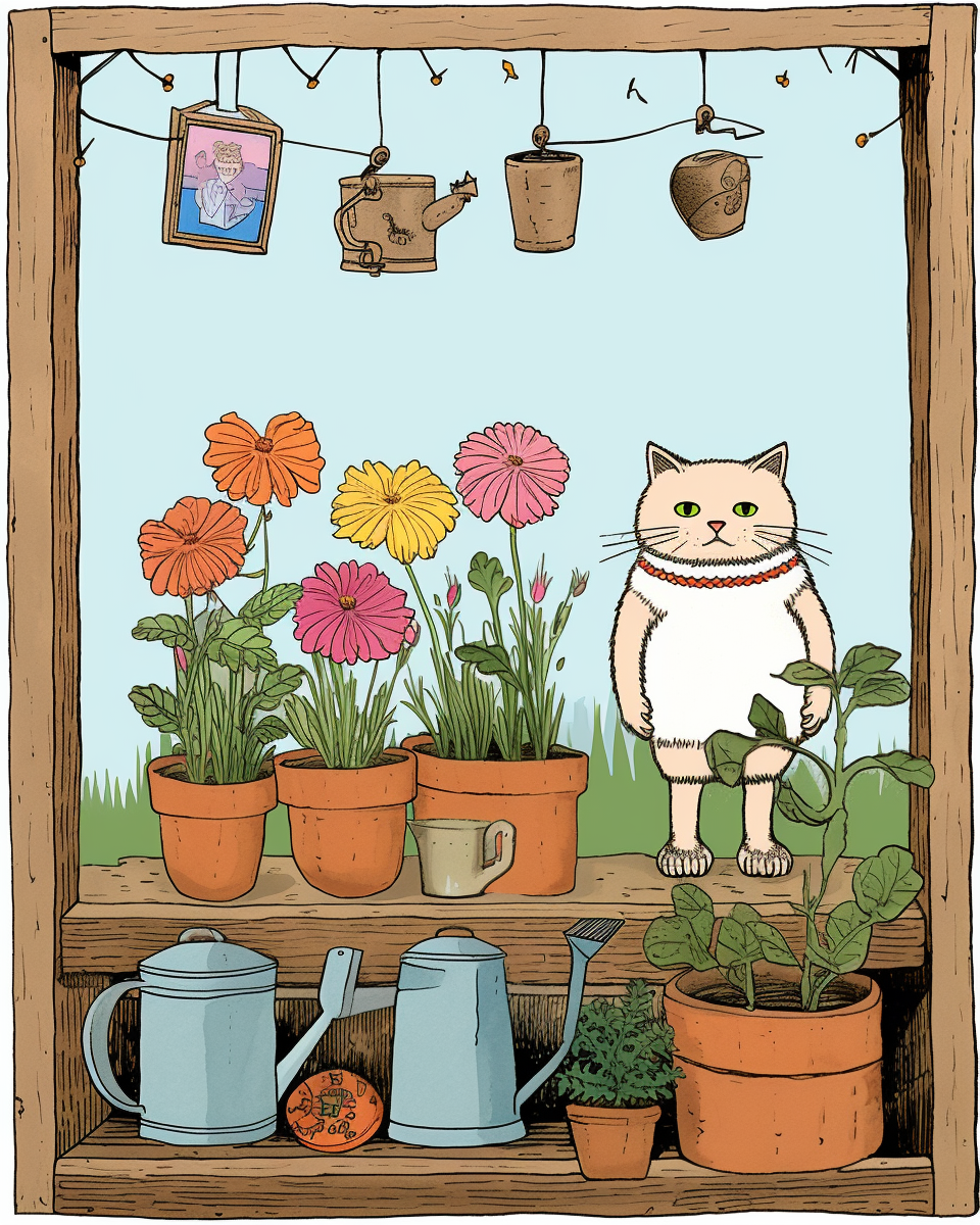 Illustration of an antisocial cat as a gardener