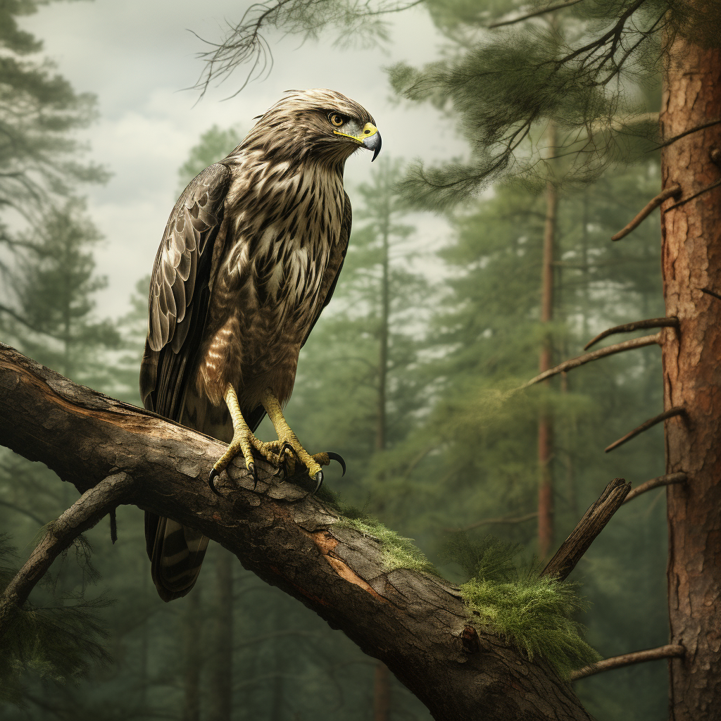 Bird with Deer Antlers perched on Pine Tree Branch