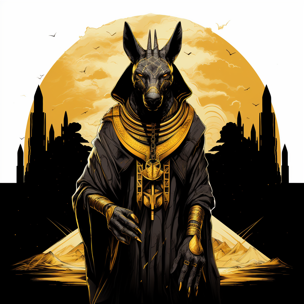 Illustration of Anubis holding pyramids against high contrast background