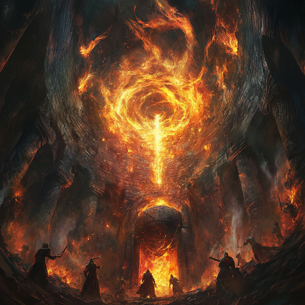 Cavernous chamber with fiery aura