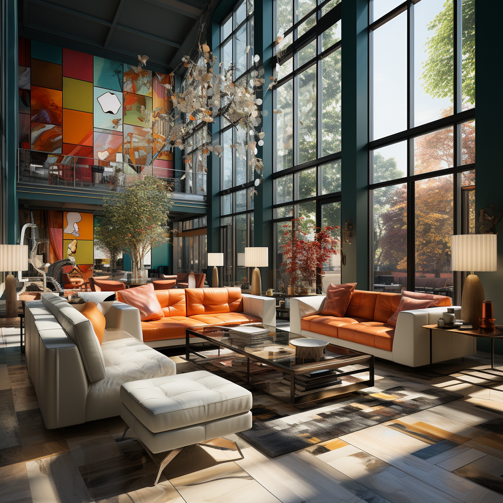 Colorful apartment interior with Romanesque and Bauhaus influences