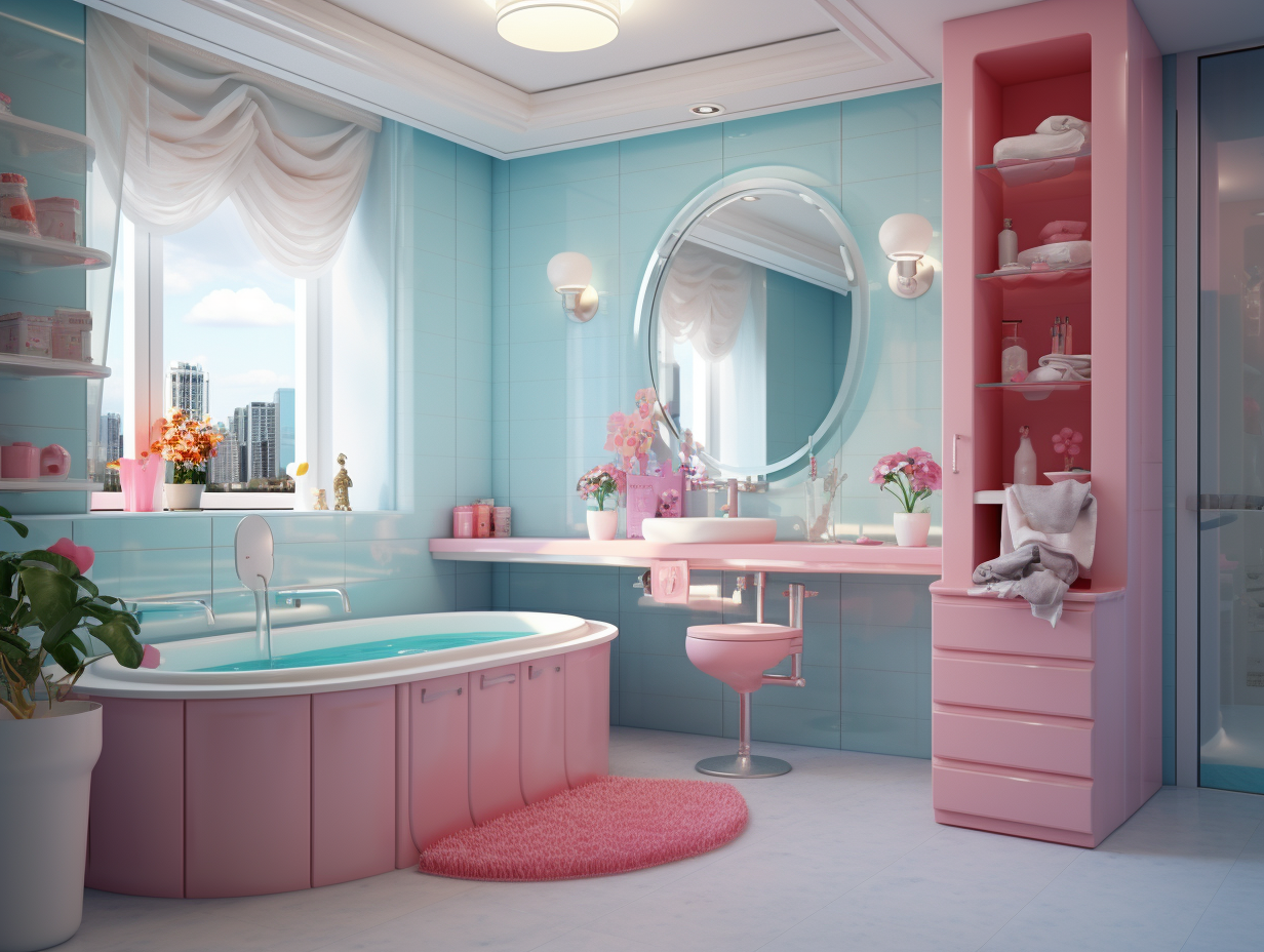 Apartment Washroom with Pink and Sky Blue Colors