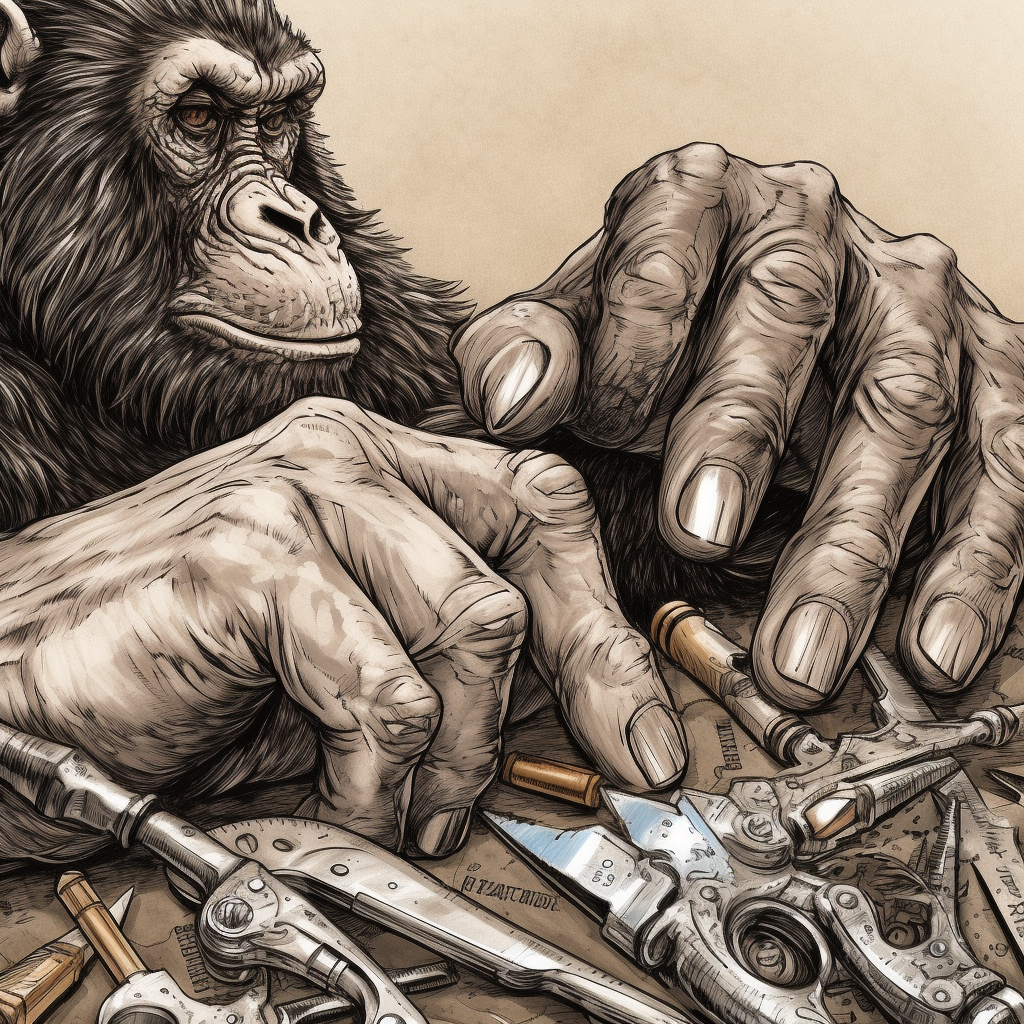 Detailed hairy ape hands holding tools