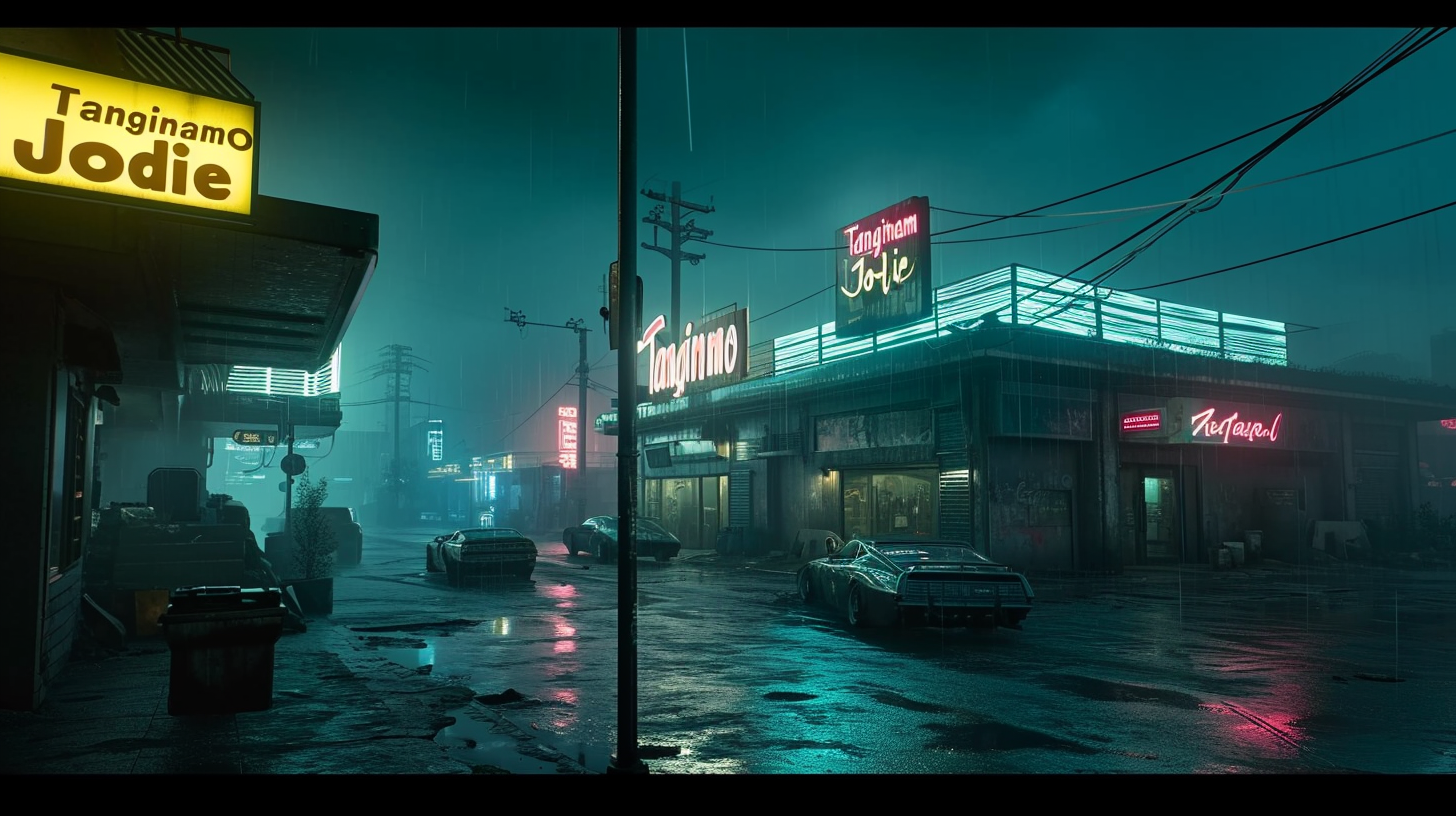 Neon sign in apocalyptic night town