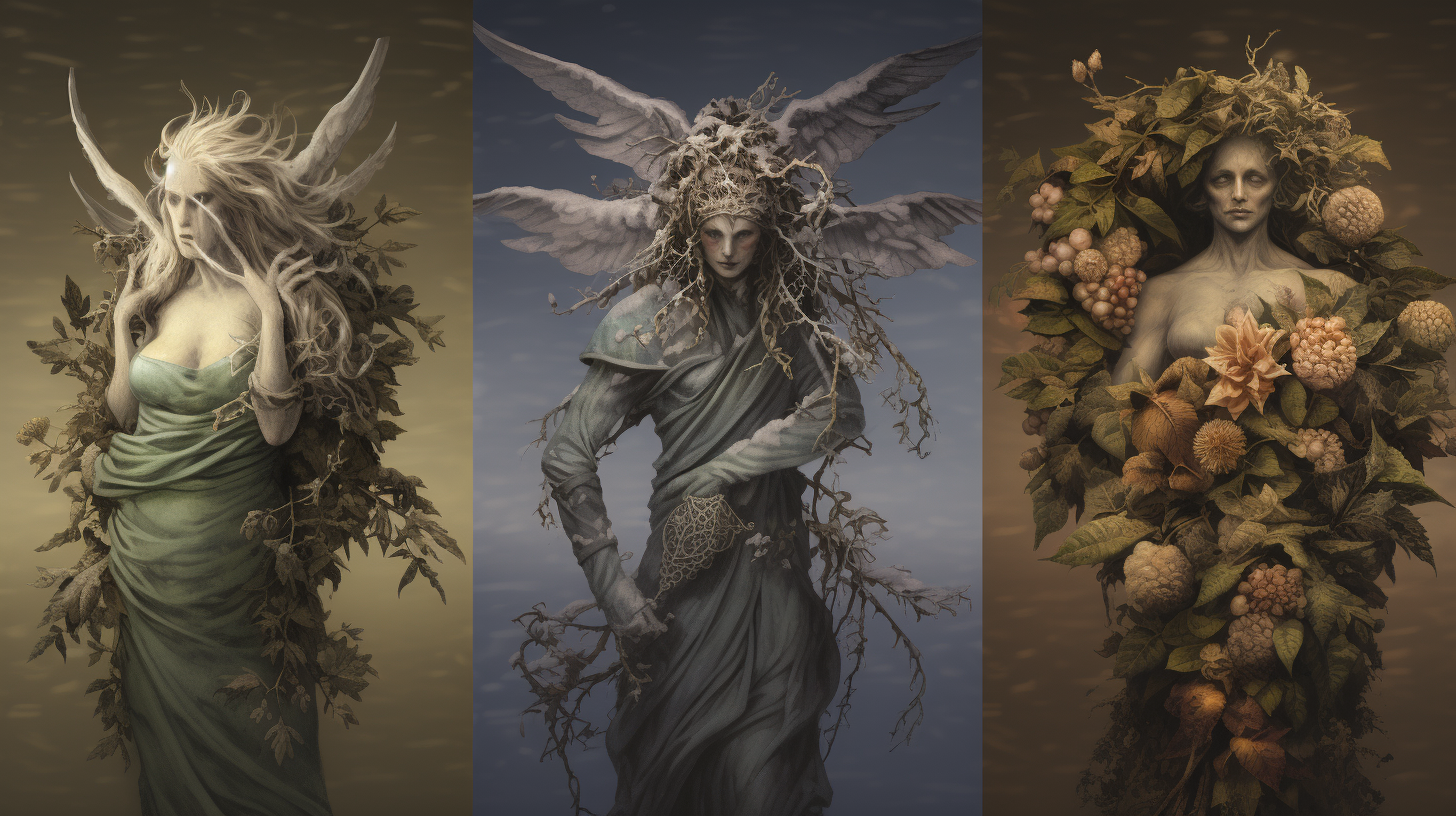 Apocalyptic fantasy image with angels and pagan symbols
