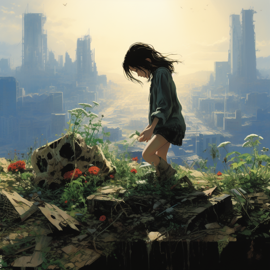 Young girl picking flowers in an apocalyptic scenery