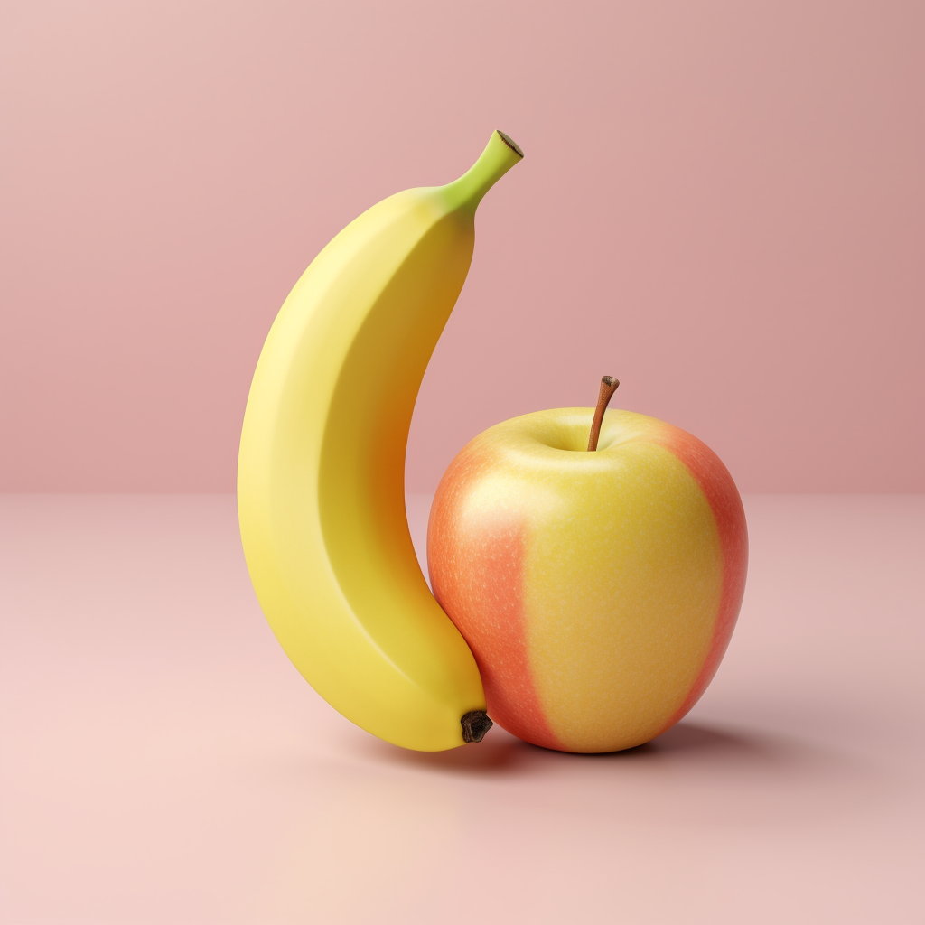 Juicy apple and ripe banana on pastel background