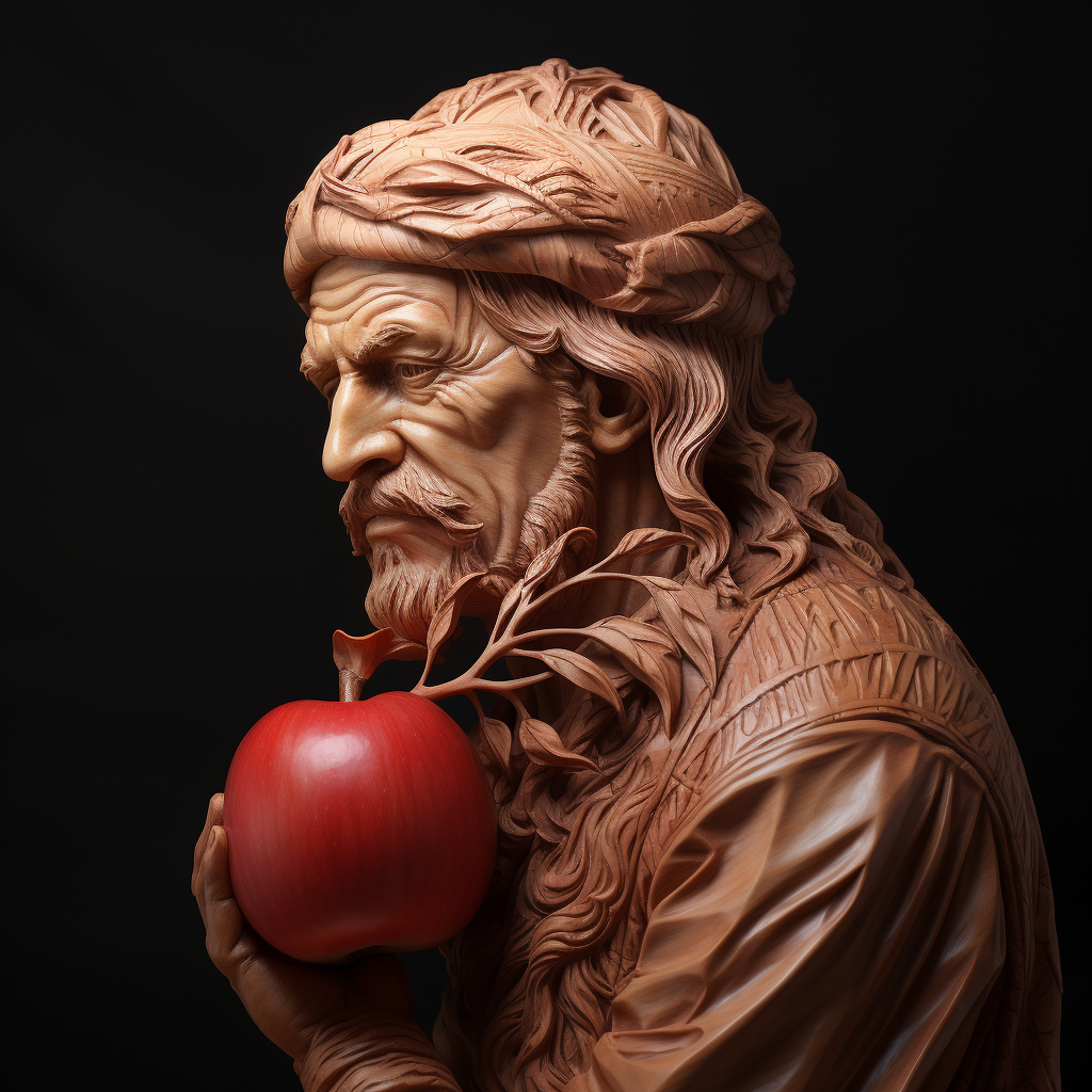 Carved apple resembling male figur