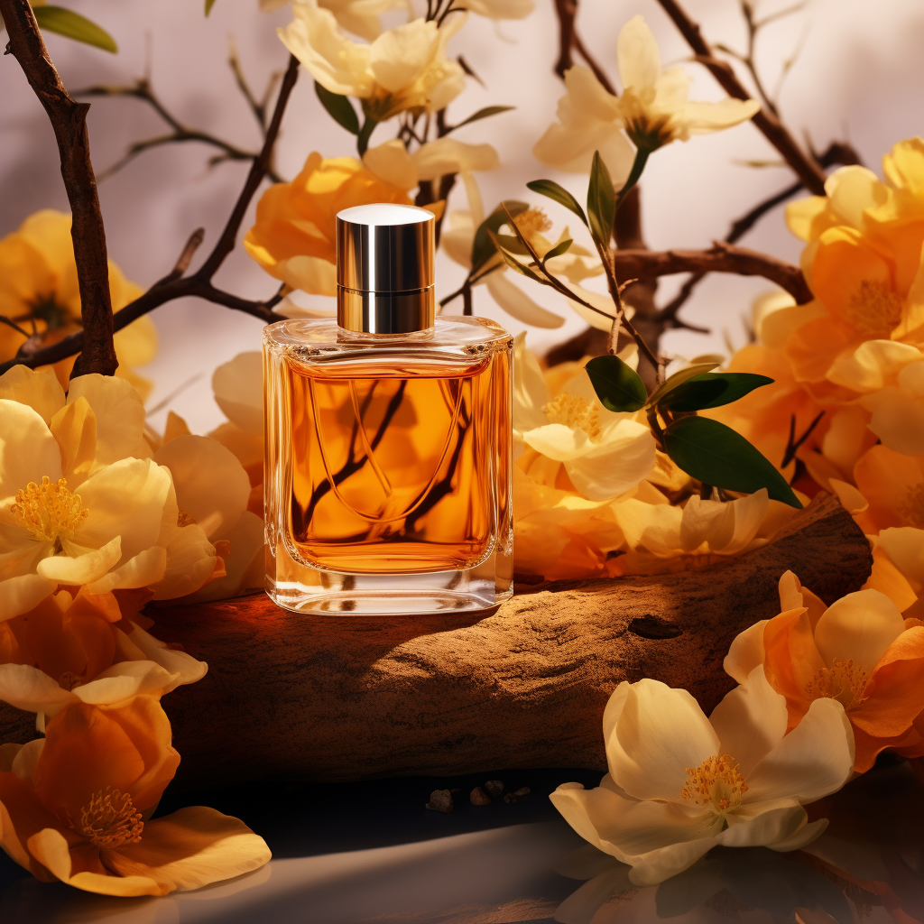 Elegant perfume bottle with apricot, santalwood, and orange's flower