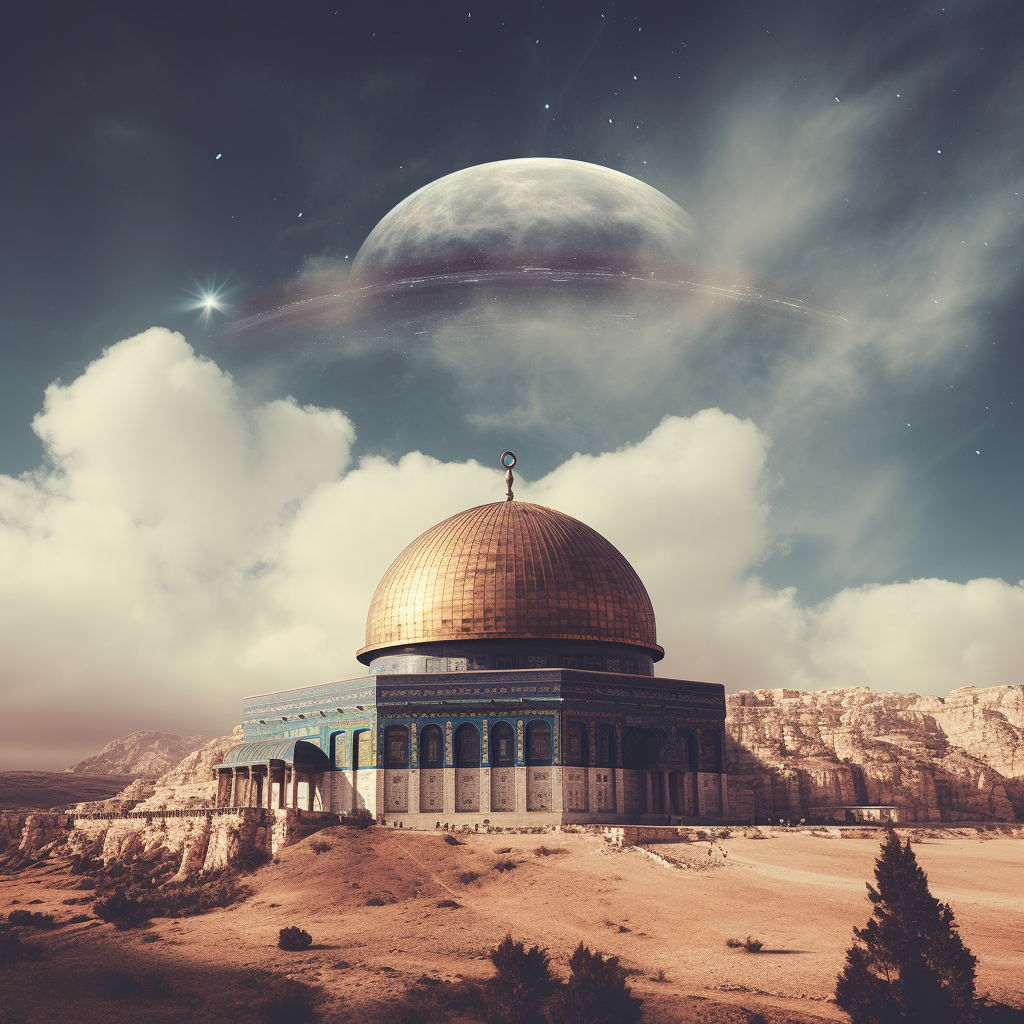 Floating space ship above Al Aqsa Mosque