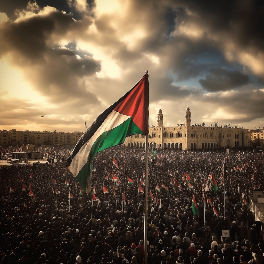 Crowd with Palestine flags at Al-Aqsa Mosque