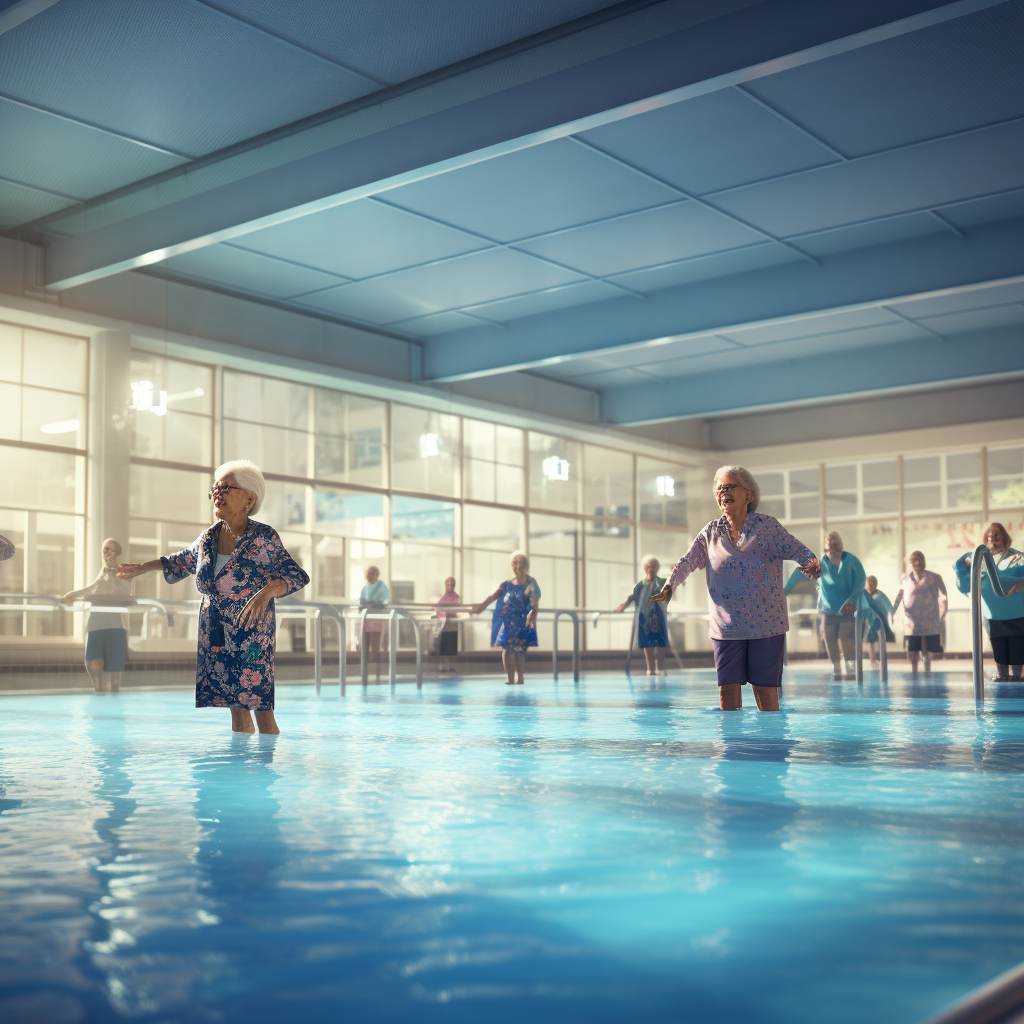 Aqua aerobics class at indoor pool with older woman