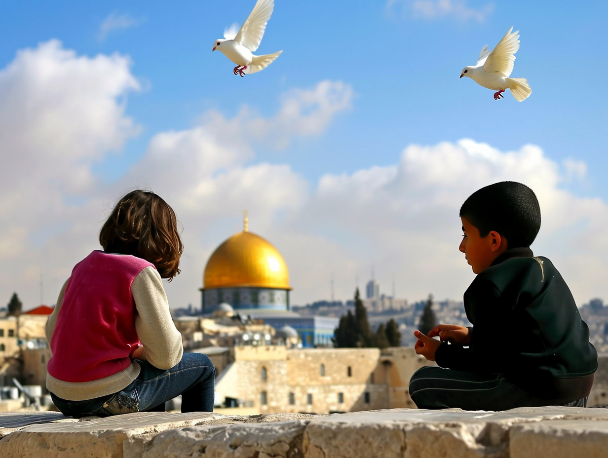 Arab Boy and Girl with White Doves in Ruins