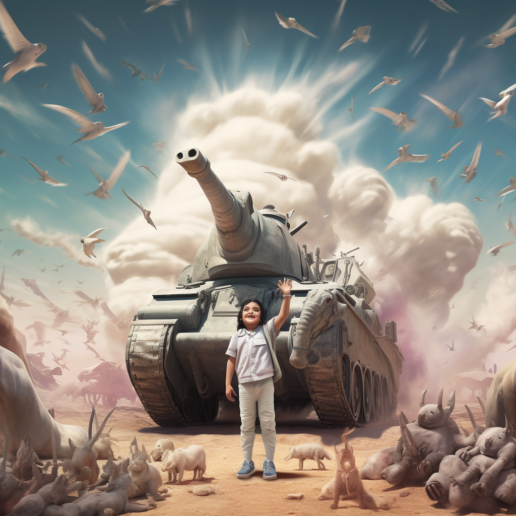 Arab child giving thumbs up in front of tank