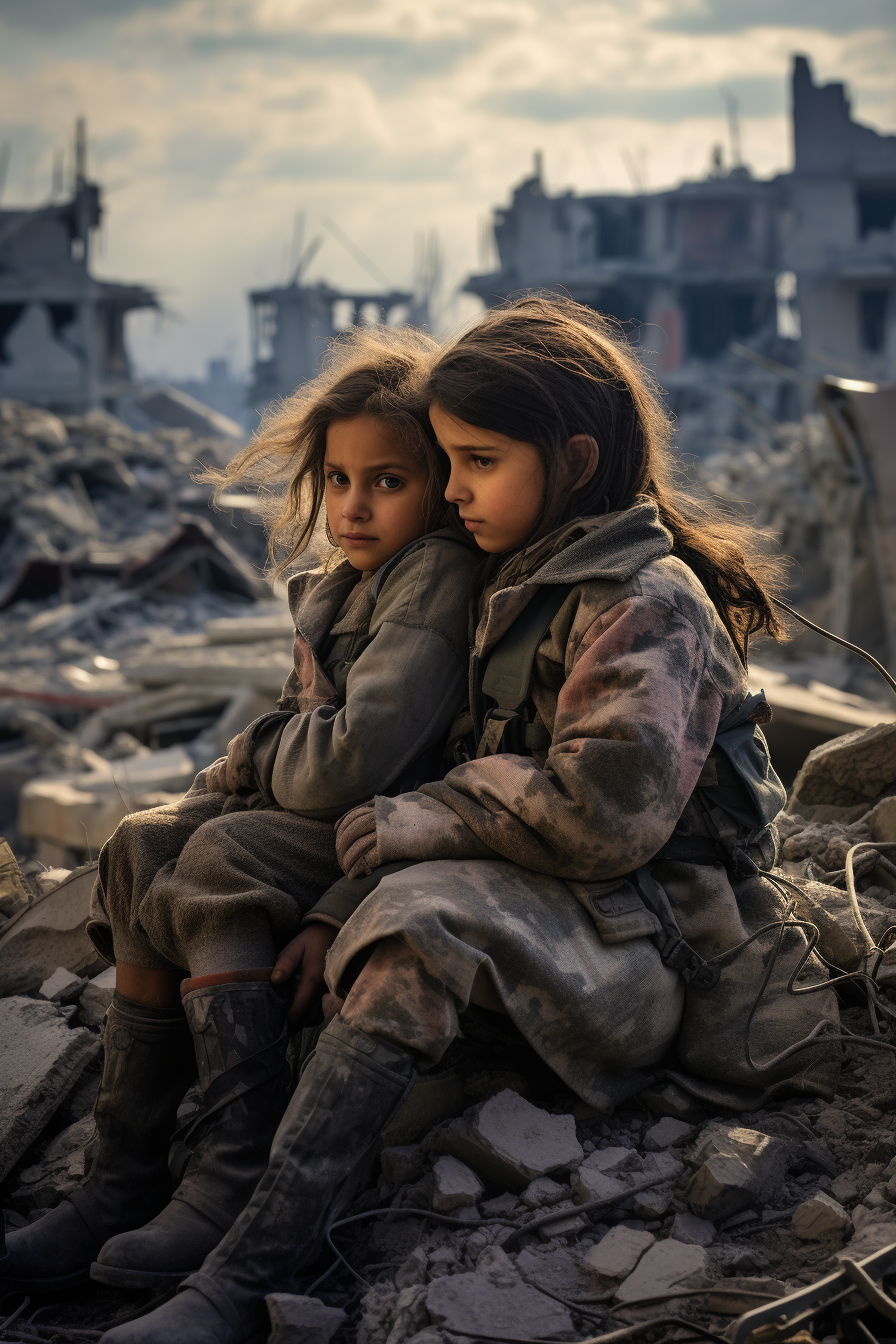 Two Arab girls fearfully embracing amidst destruction