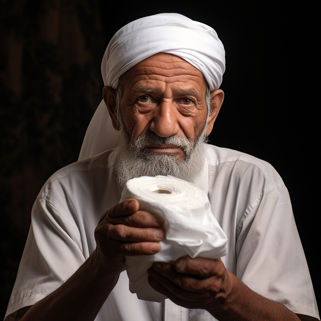 Elderly Arab man with toilet paper