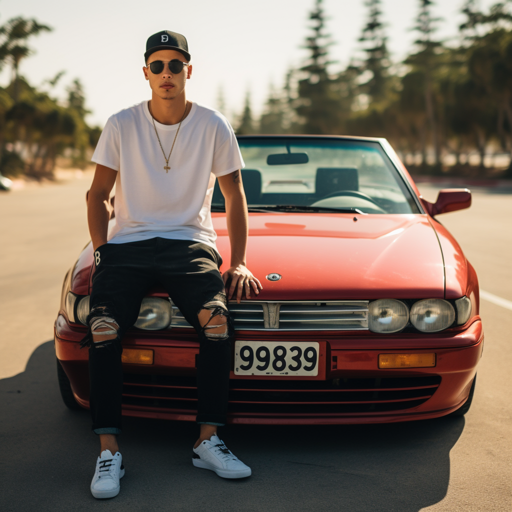 Arab rapper in red convertible with 1999 license plate