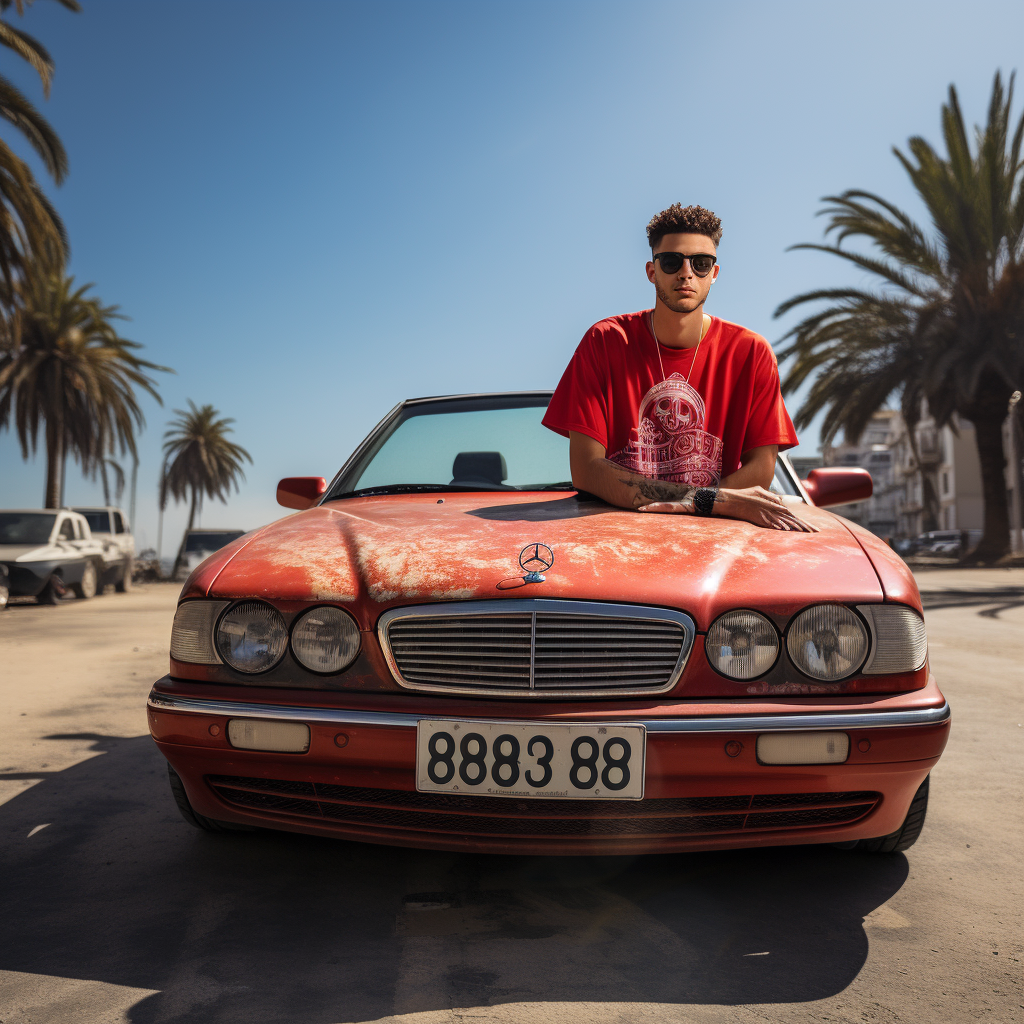 Arab rapper in red convertible car