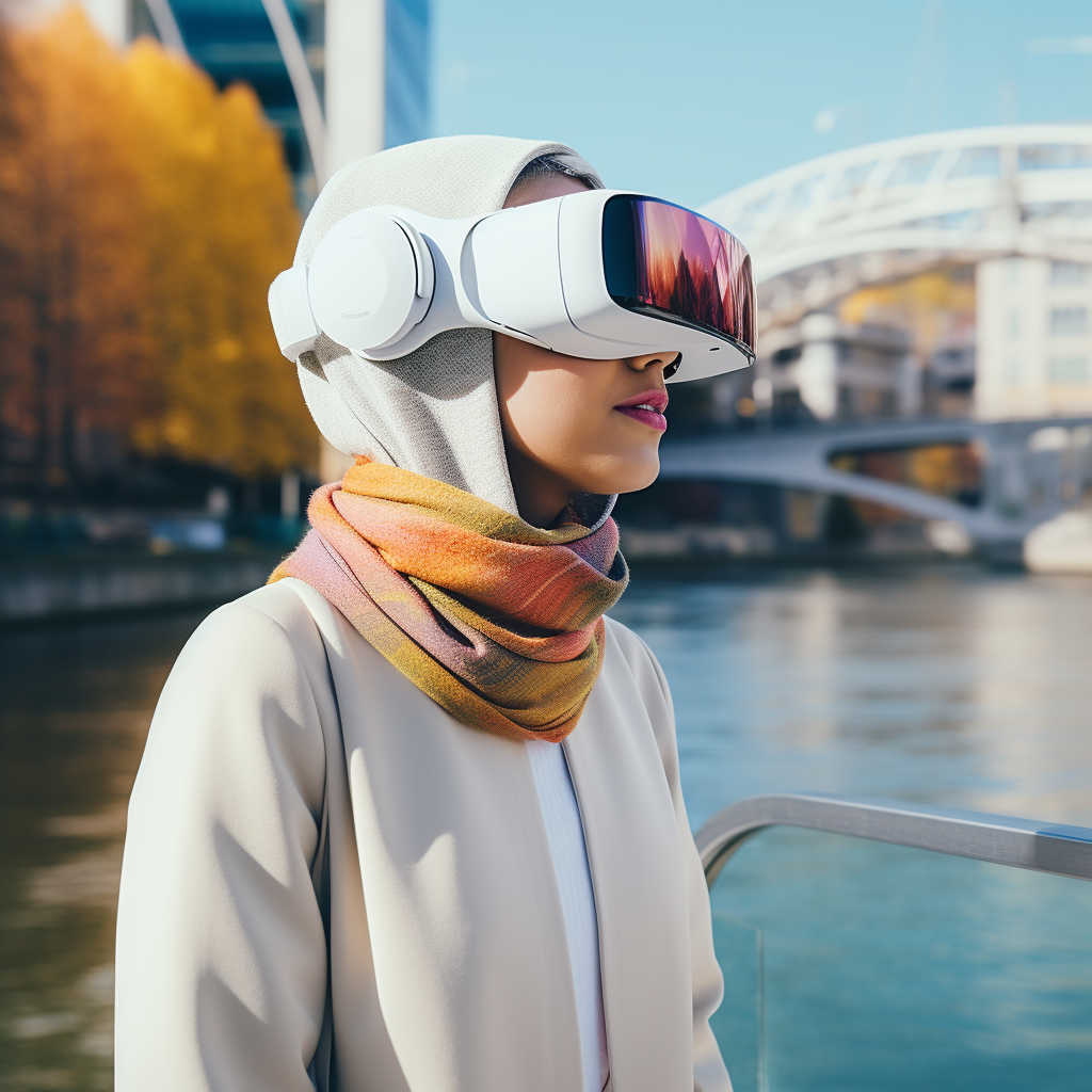 Arab woman wearing hijab using VR headset in Bilbao