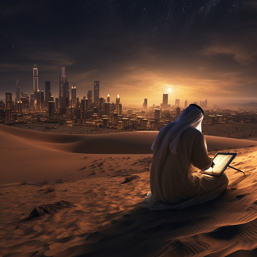 Arab man looking at city in the sky