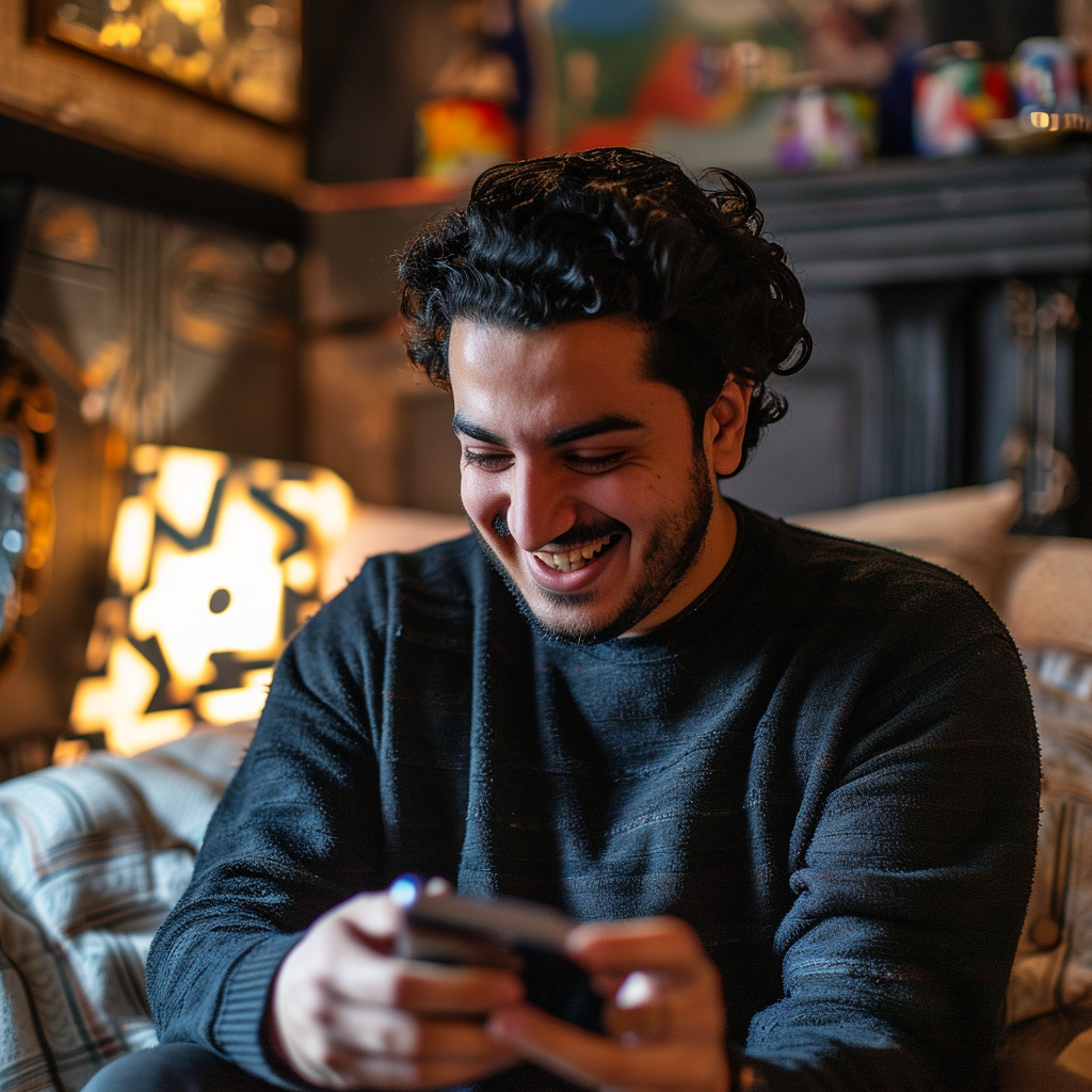 Arab man using phone in games room