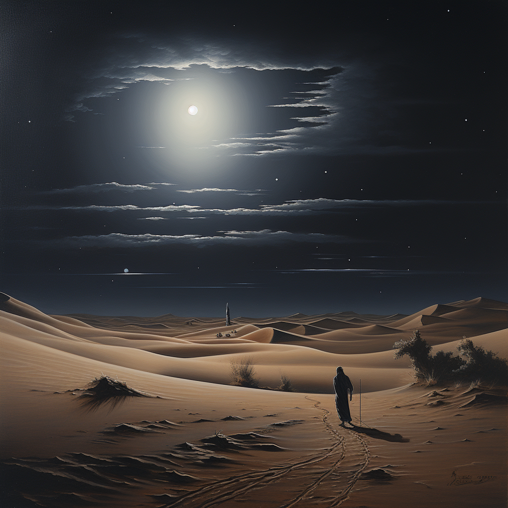 Man walking with camel in Arabian desert at night