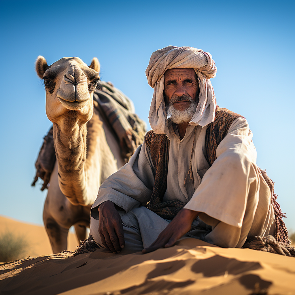 Arabian man with camel in desert