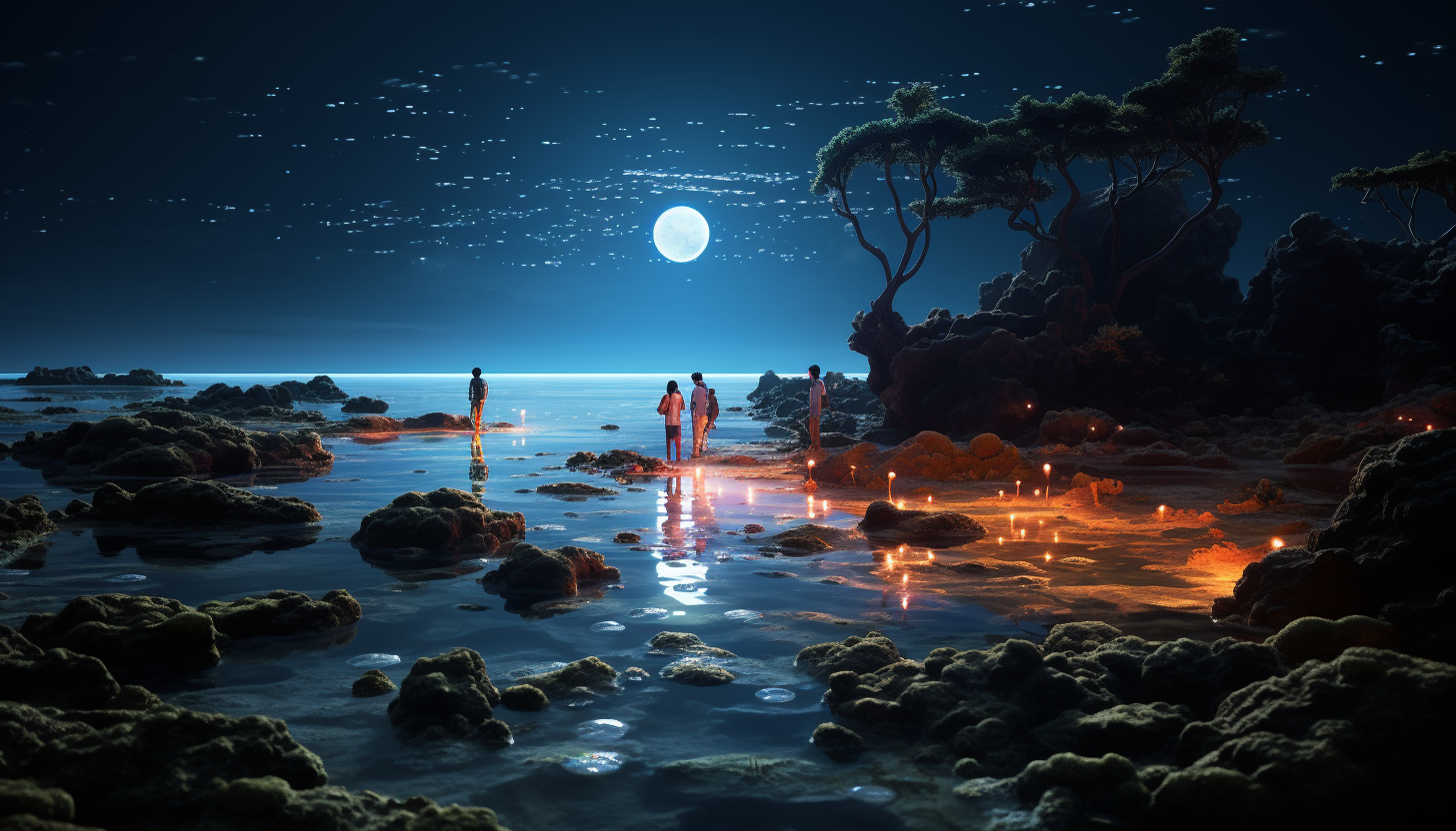 Arabic children walking on stepping stones above coral reef